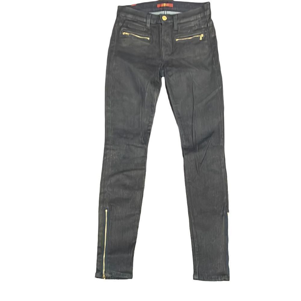 7 For All Mankind Skinny Jeans Womens 28 Black Excellent Coated Moto Ankle Zip